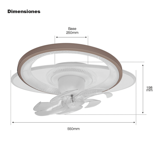 Ventilador de Techo con Luminario LED de 110 V CA 50/60 Hz /  88 W / 3 Tonos de Luz (6500 - 4 000 - 2 700 K) / Con giro 360° / Diámetro 550 mm / 6 Velocidades / Dimeable.