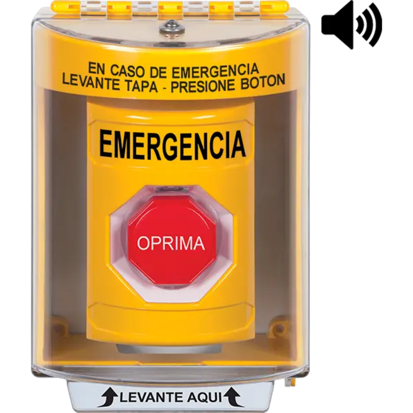 ?Botón Multipropósito, Color Amarillo, De Superficie con Espaciador, C/Tapa De Policarbonato, C/Bocina Pre Alarma, Interior/Exterior, Llave Para Restablecer, Texto De Emergencia, Español