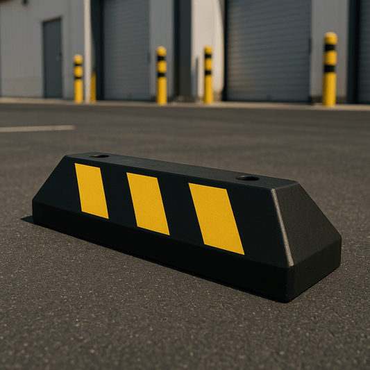 Tope D/ Estacionamiento Vehicular / Hule Reciclado / 55cm / Color Negro con Franjas Amarillas / Resistente y Antideslizante.