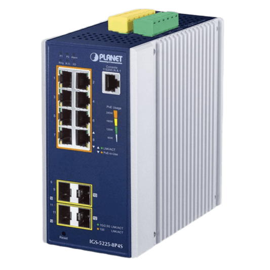 Switch Industrial Administrable Capa2, 8 Puertos Gigabit con PoE+ 802.3at, 2 Puertos SFP de 100/1G y 2 Puertos SFP de 100/1G/2.5G