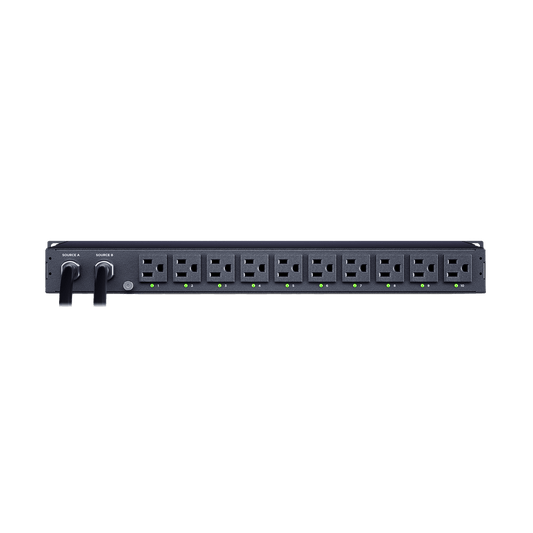 PDU ATS (Fuente Redundante Auto-transferible) Monitoreable, Para Distribución de Energía, 2 Entradas 120 Vca NEMA5-15P, Con 10 Salidas NEMA 5-15R, Horizontal 19in, 1UR